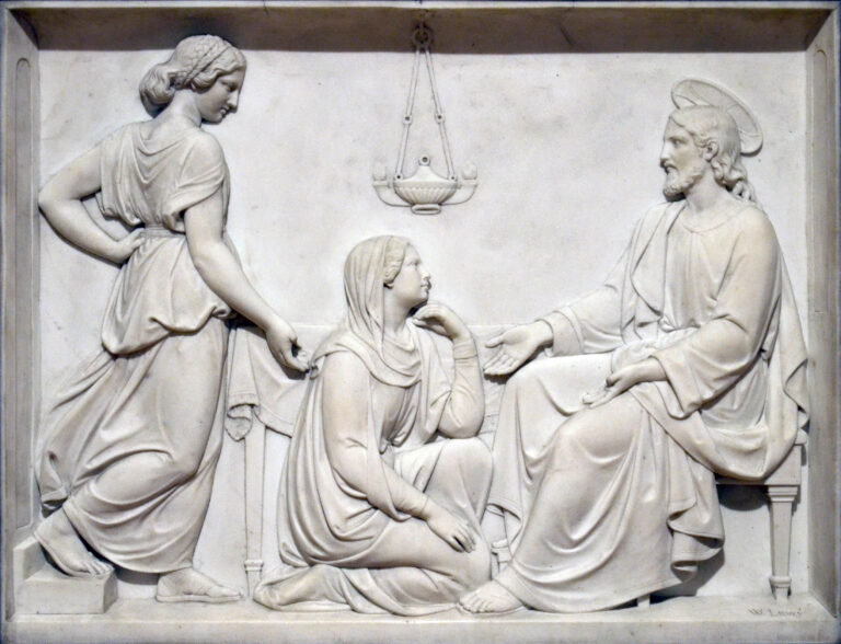 Mramorová socha Kristus s Pannou Marií a Martou je k vidění v pražské Národní galerii.